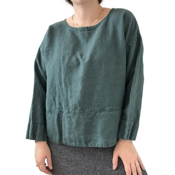 Bryn Walker Petrol Dark Teal 100% Linen Lagenlook Hippy Tunic Blouse Sz L - Picture 2 of 7